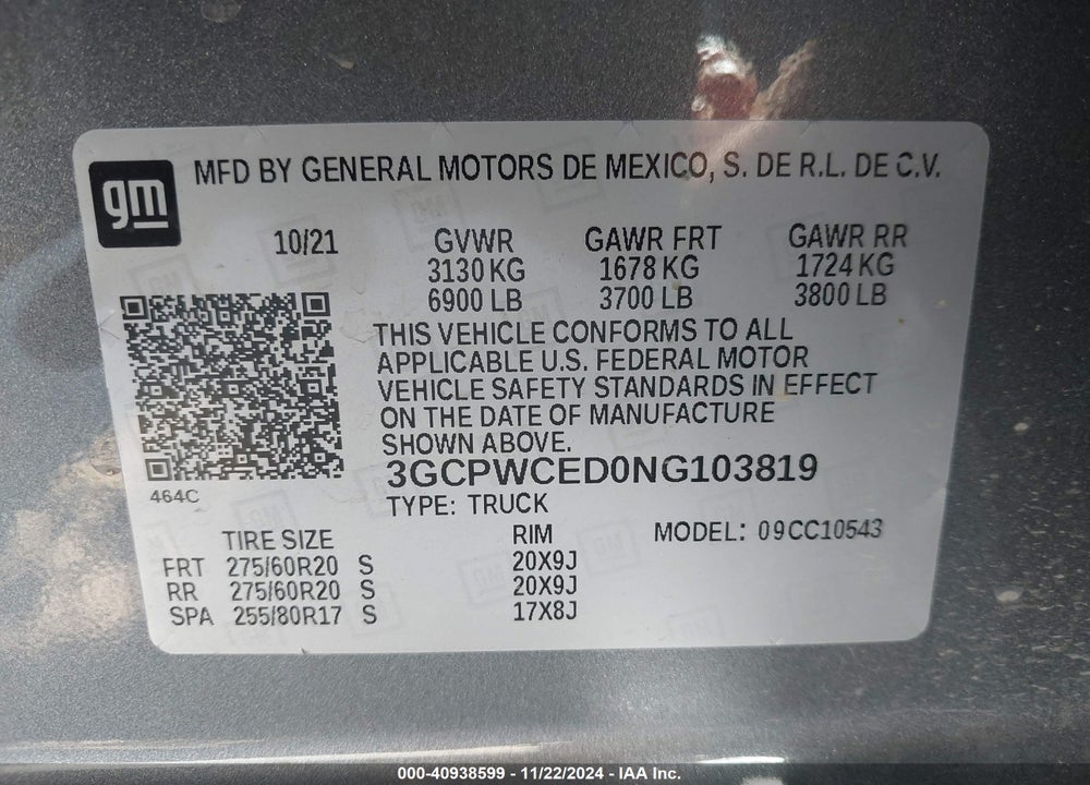 2022 CHEVROLET SILVERADO 1500 LTD VIN: 3GCPWCED0NG103819