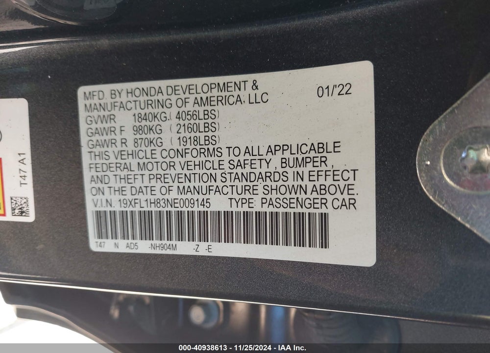 2022 HONDA CIVIC SPORT TOURING VIN: 19XFL1H83NE009145