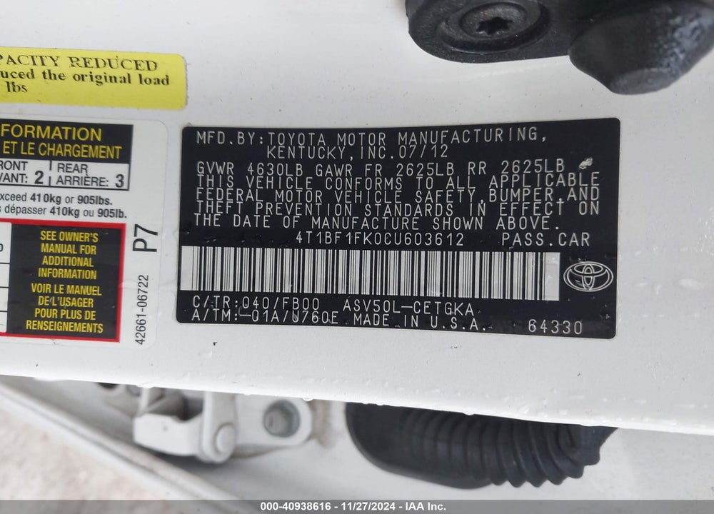 2012 TOYOTA CAMRY XLE VIN: 4T1BF1FK0CU603612