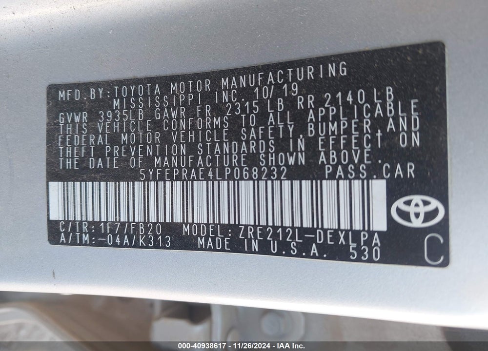 2020 TOYOTA COROLLA LE VIN: 5YFEPRAE4LP068232