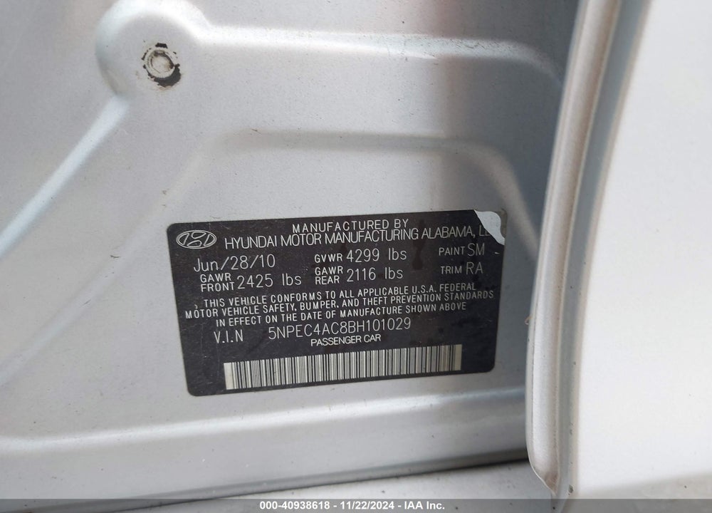 2011 HYUNDAI SONATA SE VIN: 5NPEC4AC8BH101029
