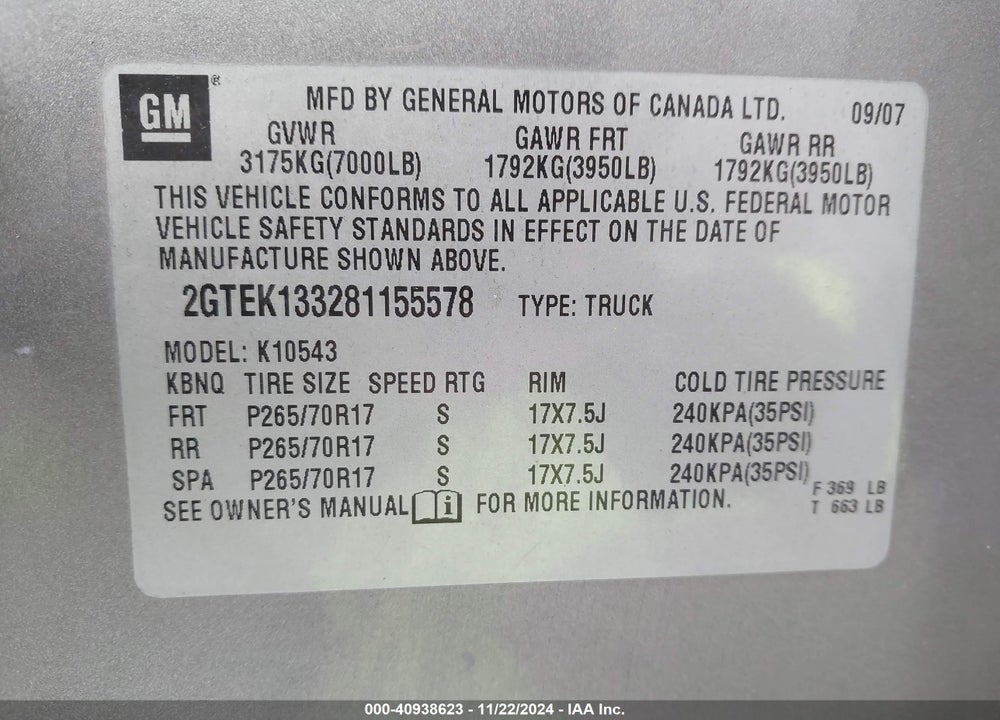 2008 GMC SIERRA 1500 SLE1 VIN: 2GTEK133281155578