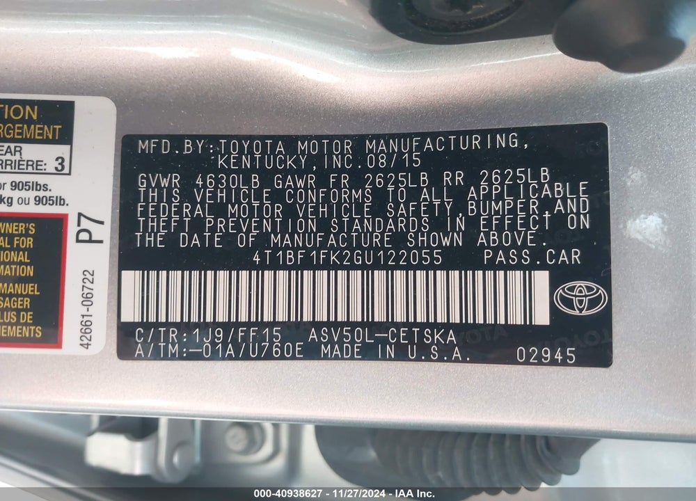 2016 TOYOTA CAMRY SE VIN: 4T1BF1FK2GU122055