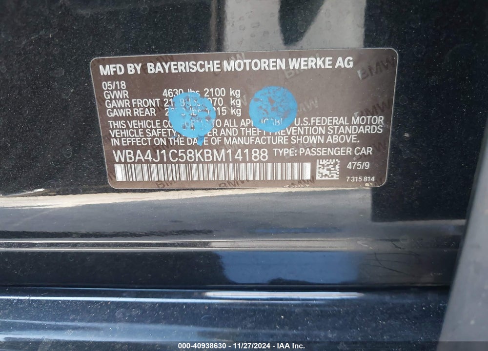 2019 BMW 430I GRAN COUPE VIN: WBA4J1C58KBM14188