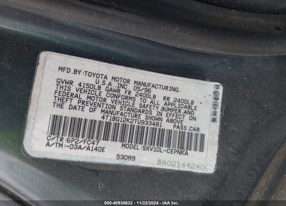 1996 TOYOTA CAMRY DX/LE/XLE VIN: 4T1BG12K2TU933481
