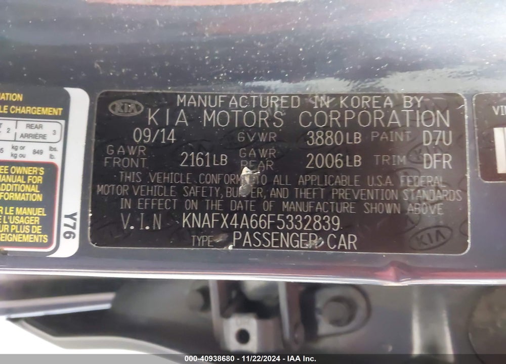2015 KIA FORTE LX VIN: KNAFX4A66F5332839