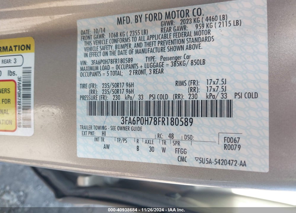 2015 FORD FUSION SE VIN: 3FA6P0H78FR180589