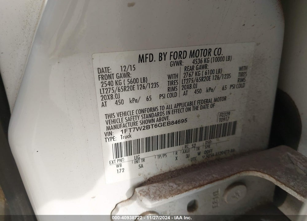 2016 FORD F250 VIN: 1FT7W2BT6GEB84695