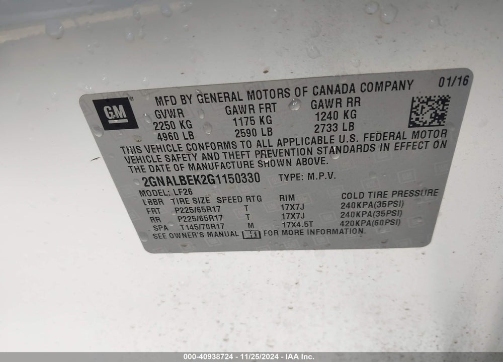 2016 CHEVROLET EQUINOX LS VIN: 2GNALBEK2G1150330