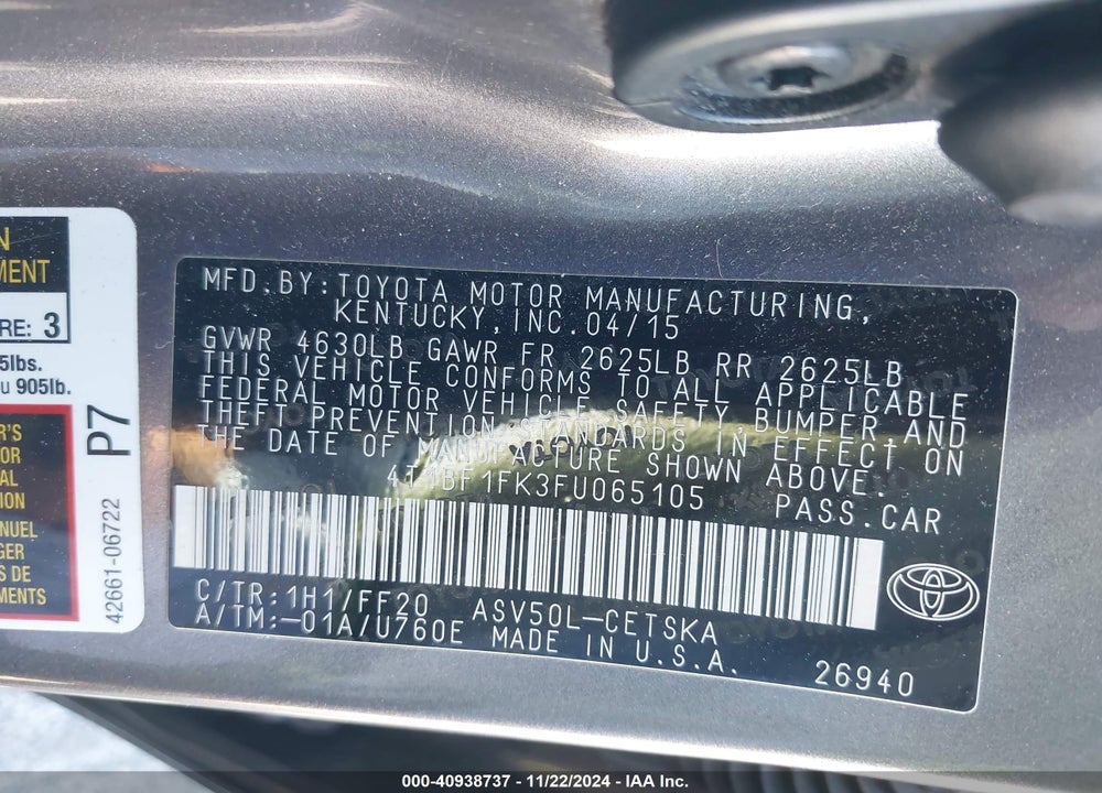 2015 TOYOTA CAMRY SE VIN: 4T1BF1FK3FU065105