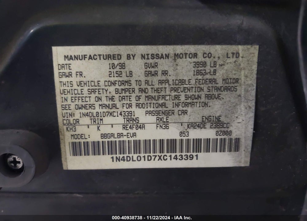 1999 NISSAN ALTIMA GLE/GXE/SE/SE-L/XE VIN: 1N4DL01D7XC143391