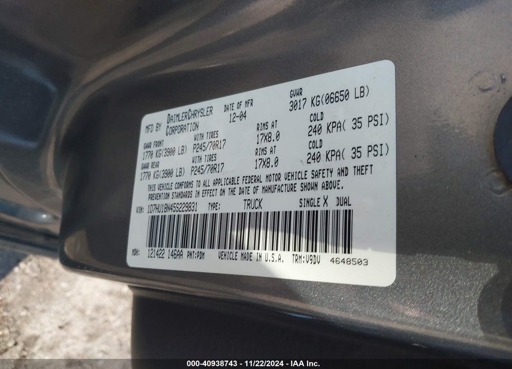 2005 DODGE RAM 1500 SLT/LARAMIE VIN: 1D7HU18N45S229831