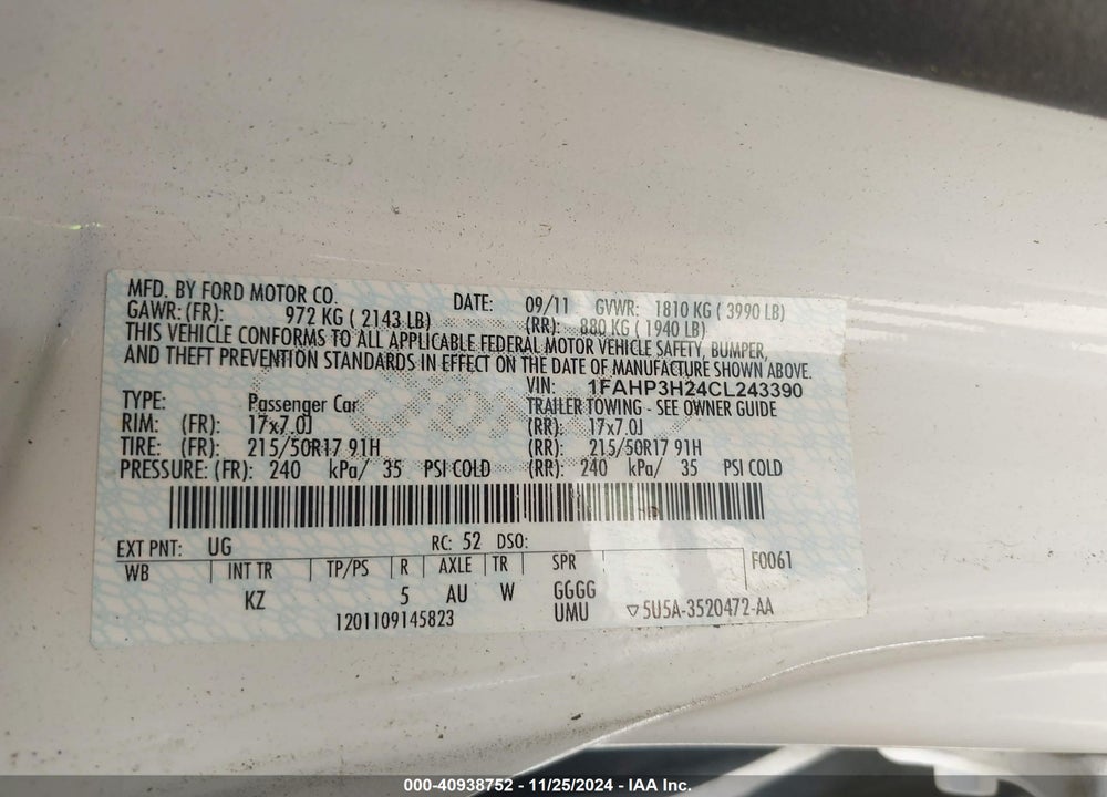 2012 FORD FOCUS SEL VIN: 1FAHP3H24CL243390