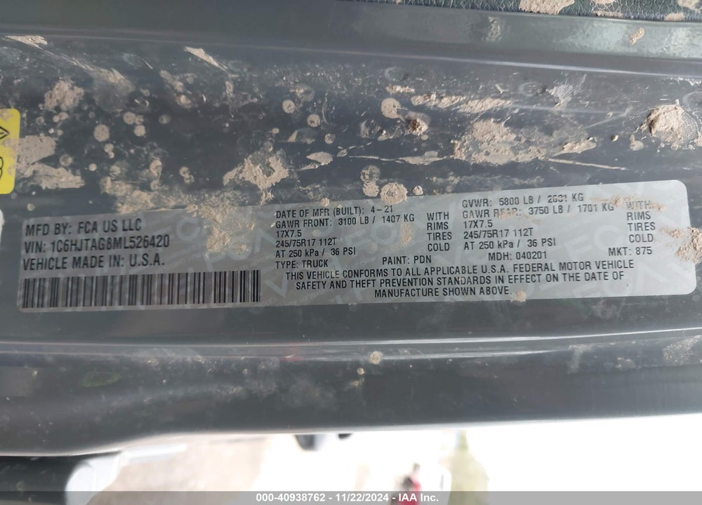 2021 JEEP GLADIATOR SPORT S 4X4 VIN: 1C6HJTAG8ML526420