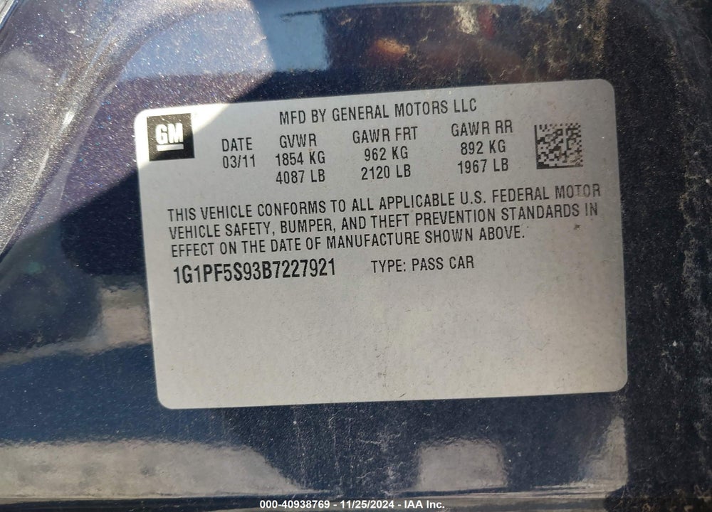 2011 CHEVROLET CRUZE 1LT VIN: 1G1PF5S93B7227921