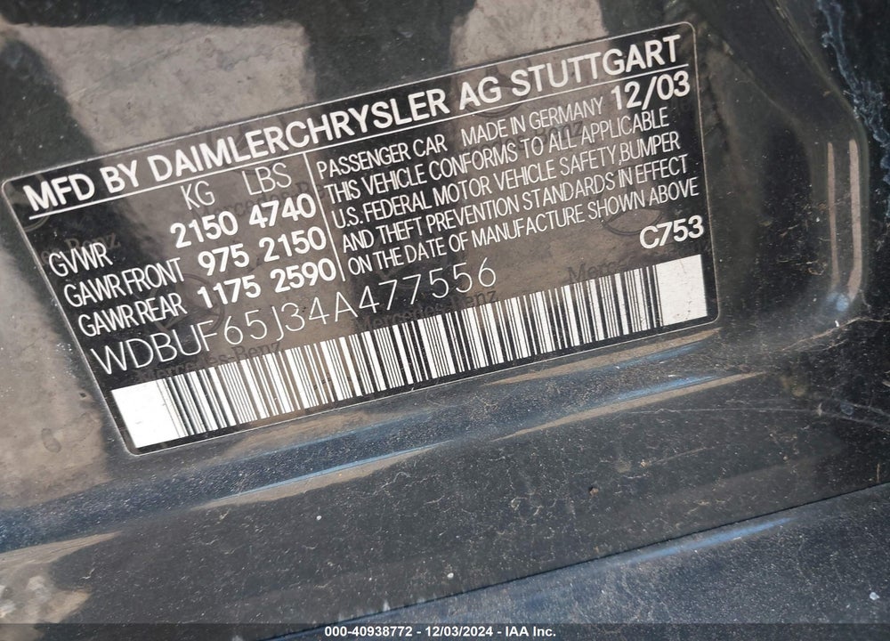 2004 MERCEDES-BENZ E 320 VIN: WDBUF65J34A477556