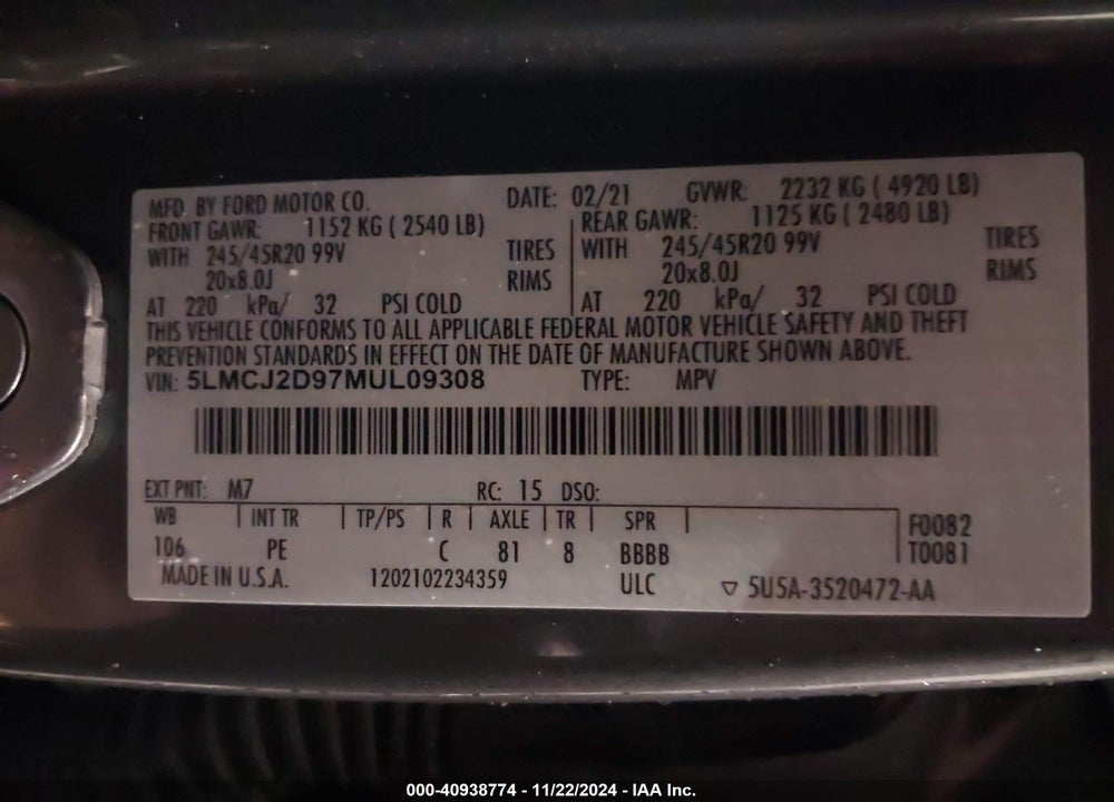 2021 LINCOLN CORSAIR RESERVE VIN: 5LMCJ2D97MUL09308