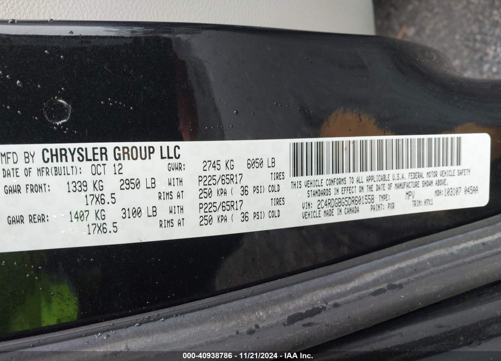 2013 DODGE GRAND CARAVAN SE VIN: 2C4RDGBG5DR601558