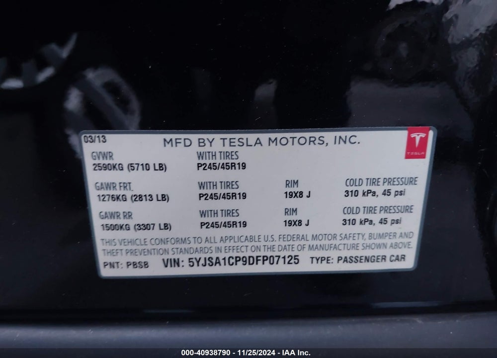 2013 TESLA MODEL S PERFORMANCE VIN: 5YJSA1CP9DFP07125