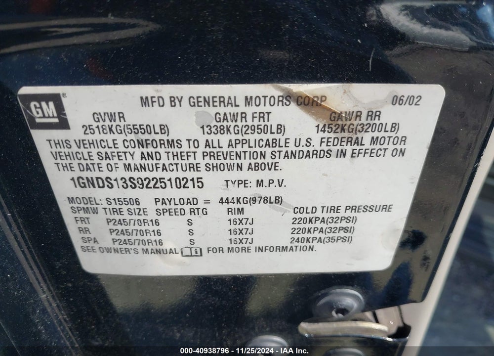 2002 CHEVROLET TRAILBLAZER LT VIN: 1GNDS13S922510215