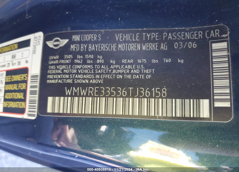 2006 MINI COOPER S VIN: WMWRE33536TJ36158