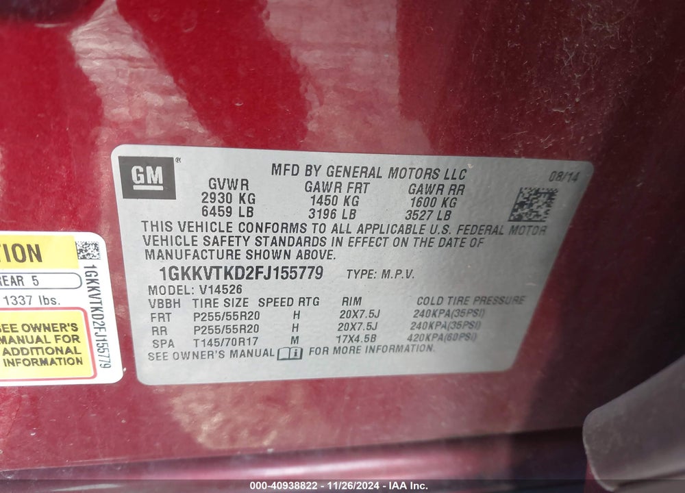 2015 GMC ACADIA DENALI VIN: 1GKKVTKD2FJ155779