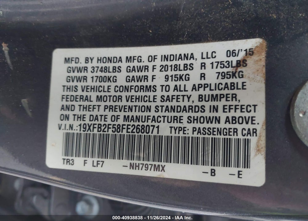 2015 HONDA CIVIC LX VIN: 19XFB2F58FE268071