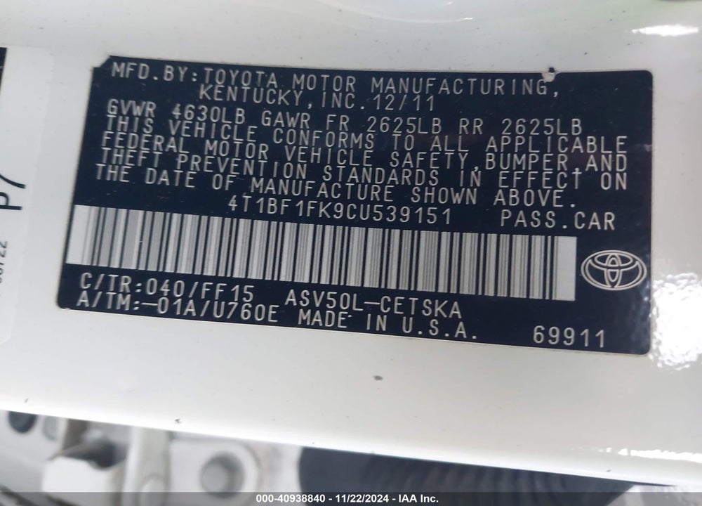 2012 TOYOTA CAMRY SE VIN: 4T1BF1FK9CU539151