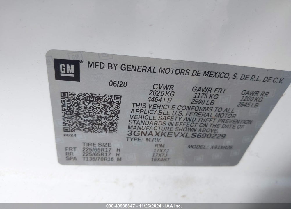 2020 CHEVROLET EQUINOX FWD LT 1.5L TURBO VIN: 3GNAXKEVXLS690229