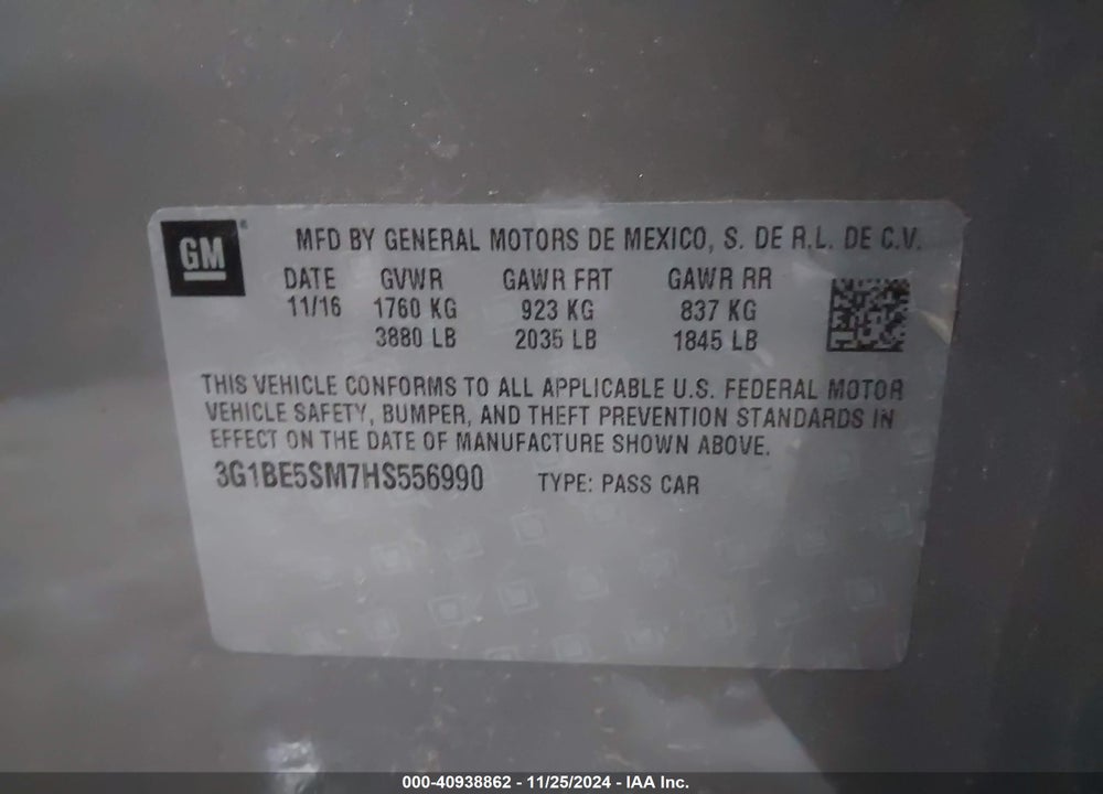 2017 CHEVROLET CRUZE LT AUTO VIN: 3G1BE5SM7HS556990