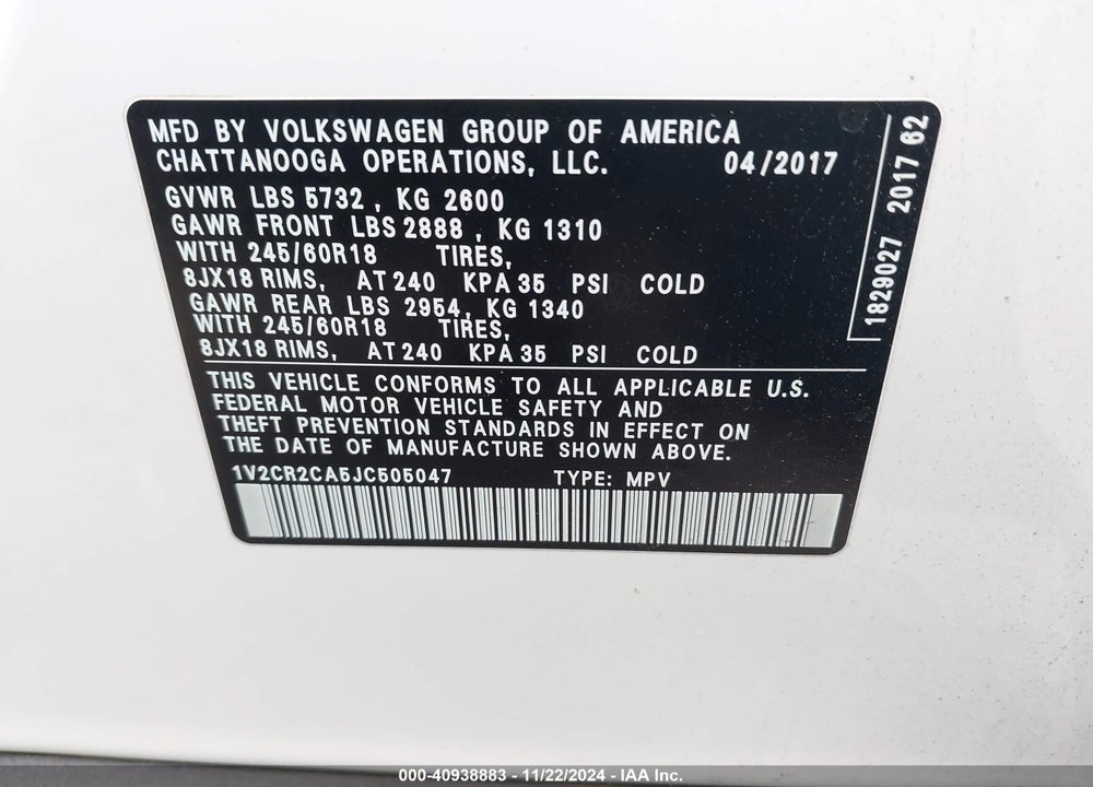 2018 VOLKSWAGEN ATLAS 3.6L V6 SE VIN: 1V2CR2CA5JC505047