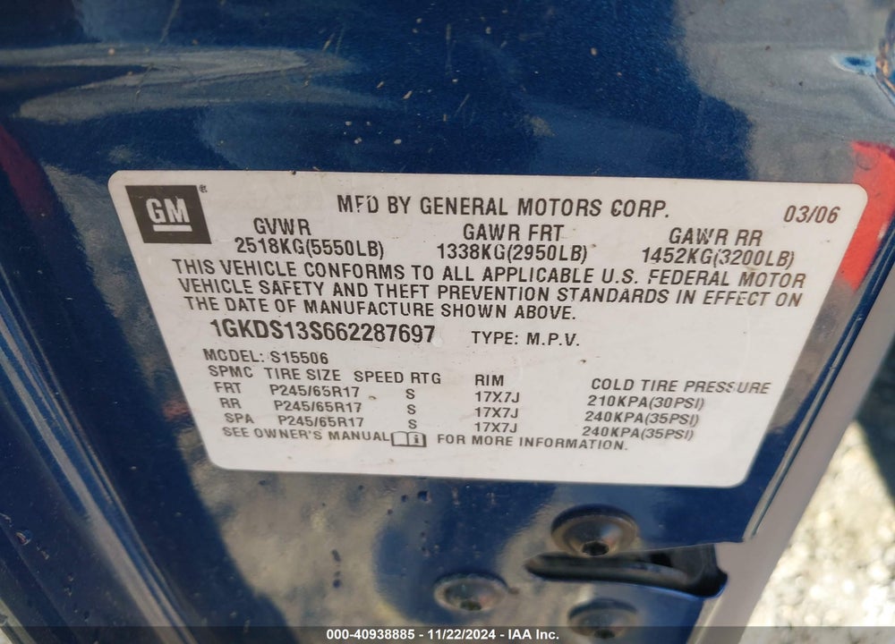 2006 GMC ENVOY SLE VIN: 1GKDS13S662287697