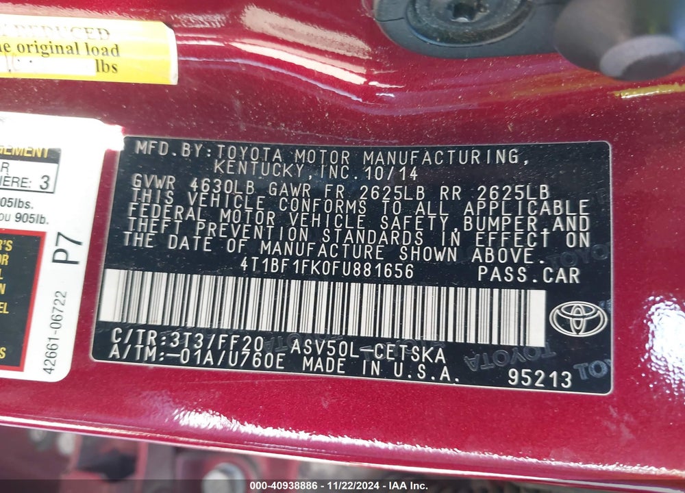 2015 TOYOTA CAMRY SE VIN: 4T1BF1FK0FU881656