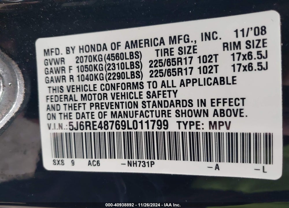 2009 HONDA CR-V VIN: 5J6RE48769L011799