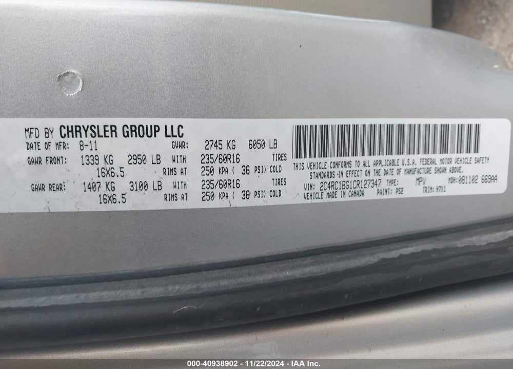 2012 CHRYSLER TOWN & COUNTRY TOURING VIN: 2C4RC1BG1CR127347