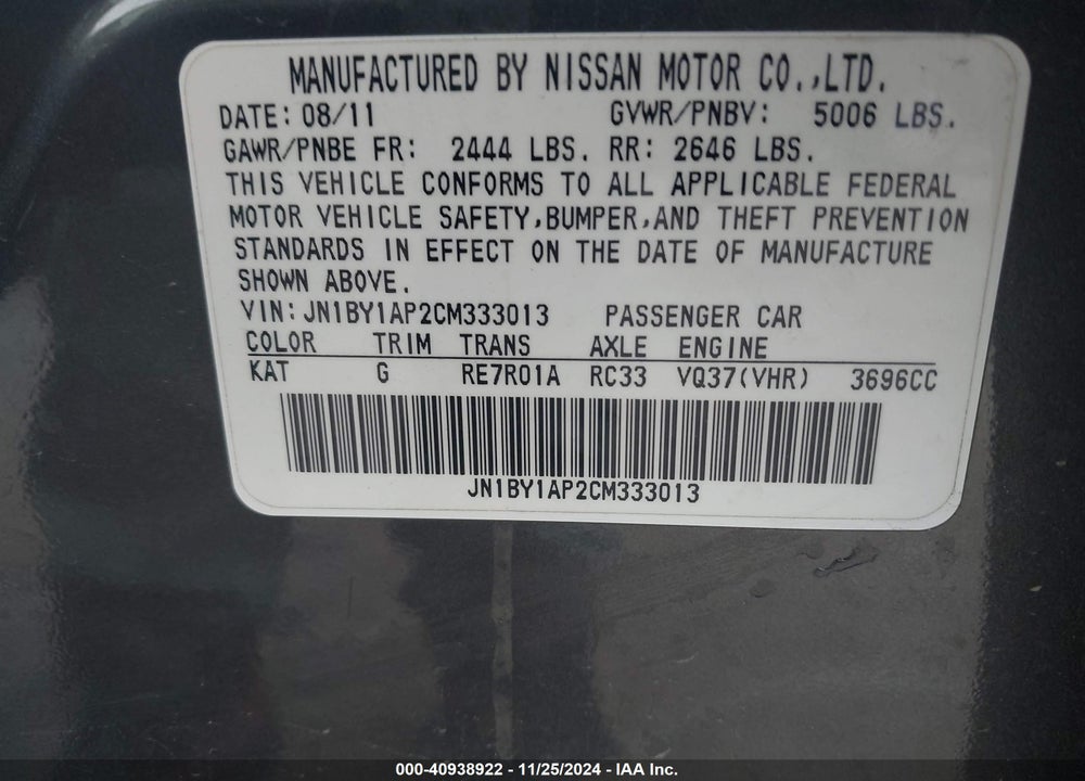 2012 INFINITI M37 VIN: JN1BY1AP2CM333013