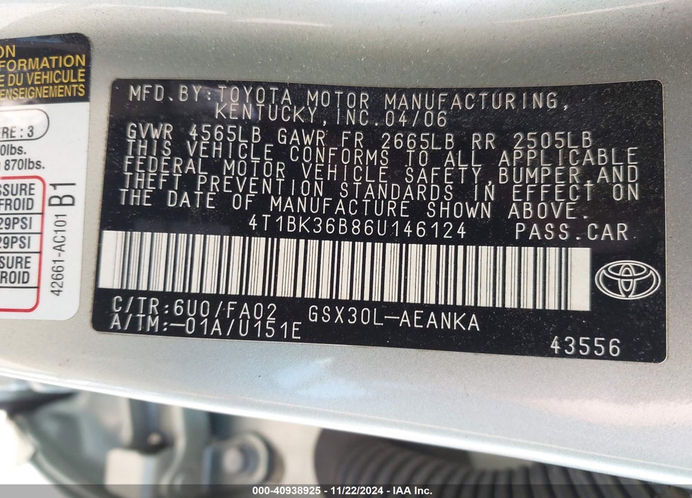 2006 TOYOTA AVALON VIN: 4T1BK36B86U146124