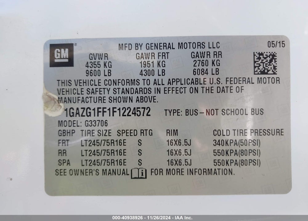 2015 CHEVROLET EXPRESS 3500 LT VIN: 1GAZG1FF1F1224572