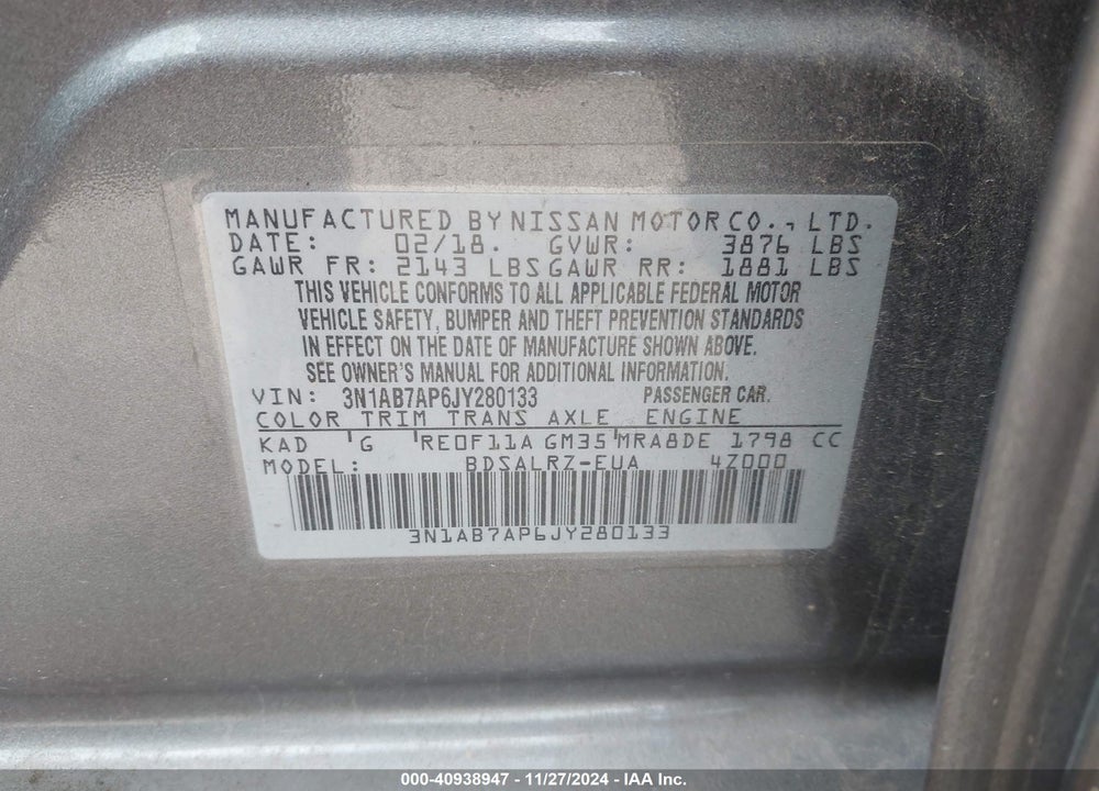 2018 NISSAN SENTRA SR VIN: 3N1AB7AP6JY280133