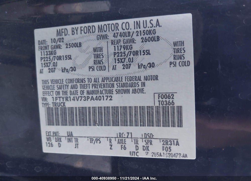 2003 FORD RANGER EDGE/TREMOR/XL/XLT VIN: 1FTYR14V73PA40172