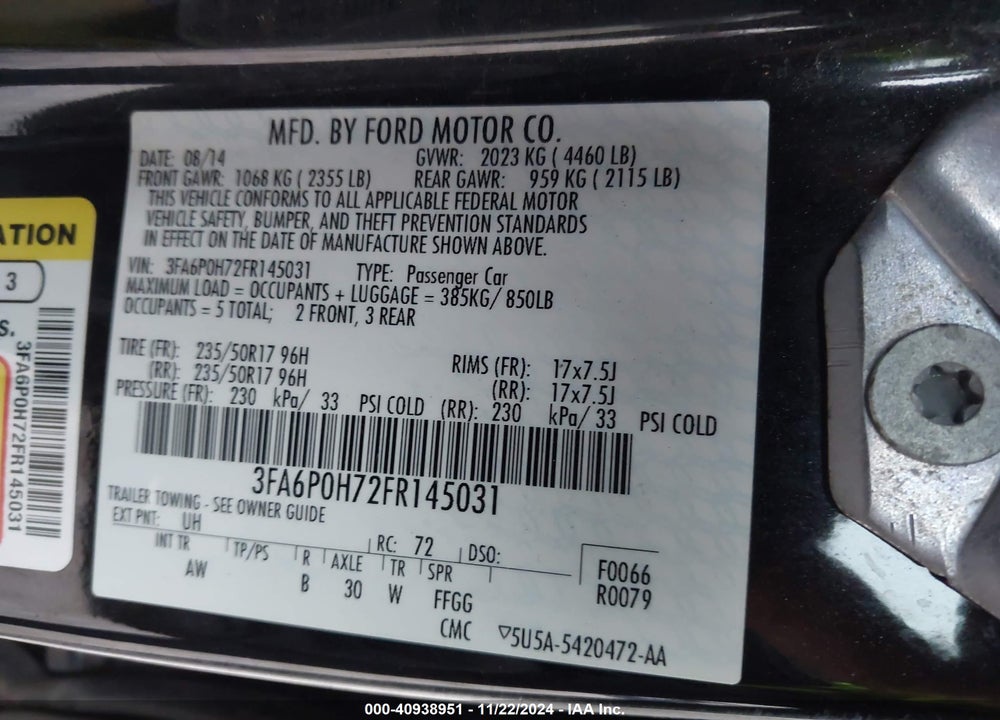 2015 FORD FUSION SE VIN: 3FA6P0H72FR145031