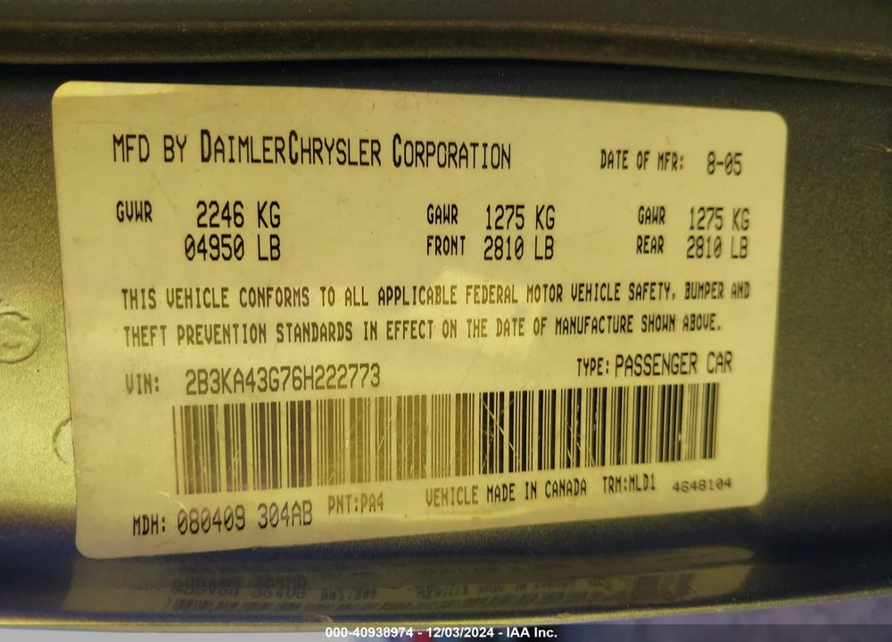2006 DODGE CHARGER VIN: 2B3KA43G76H222773