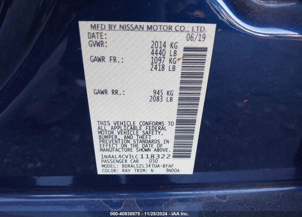 2020 NISSAN ALTIMA SR VC-TURBO FWD VIN: 1N4AL4CV3LC118322
