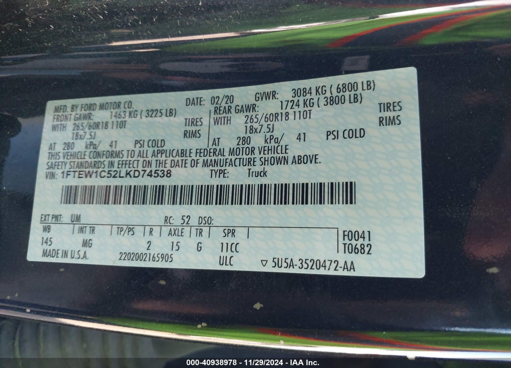2020 FORD F-150 XLT VIN: 1FTEW1C52LKD74538