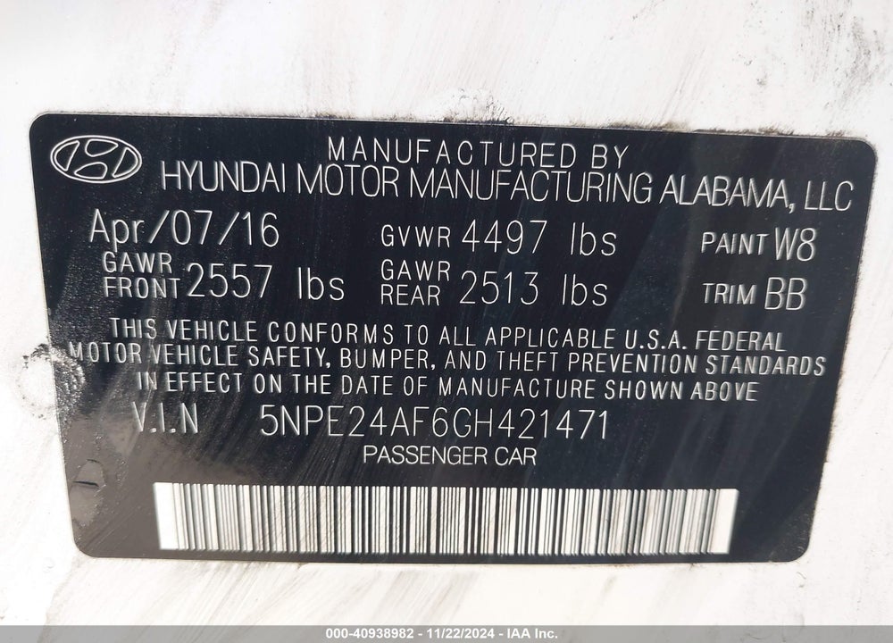 2016 HYUNDAI SONATA SE VIN: 5NPE24AF6GH421471