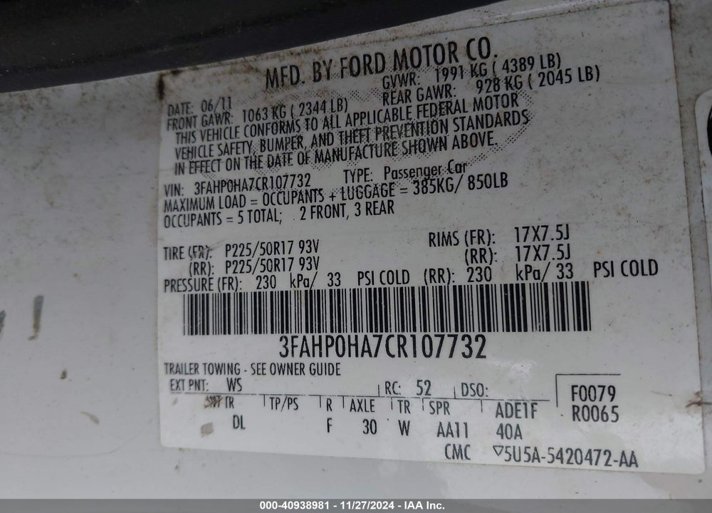 2012 FORD FUSION SE VIN: 3FAHP0HA7CR107732