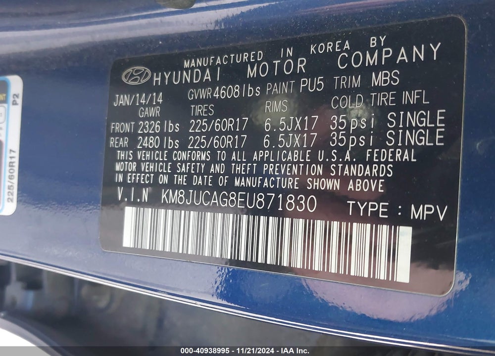 2014 HYUNDAI TUCSON SE VIN: KM8JUCAG8EU871830