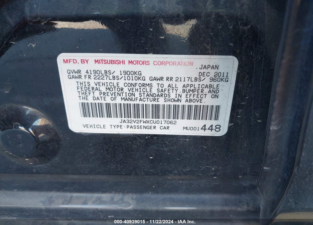 2012 MITSUBISHI LANCER SE VIN: JA32V2FWXCU017062