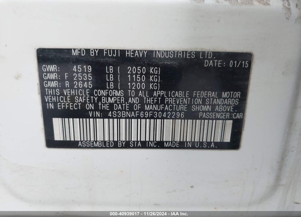 2015 SUBARU LEGACY 2.5I PREMIUM VIN: 4S3BNAF69F3042296