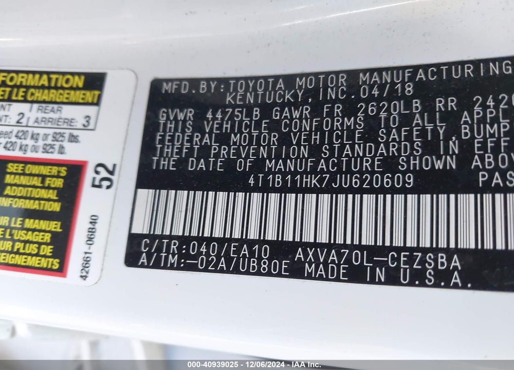 2018 TOYOTA CAMRY SE VIN: 4T1B11HK7JU620609